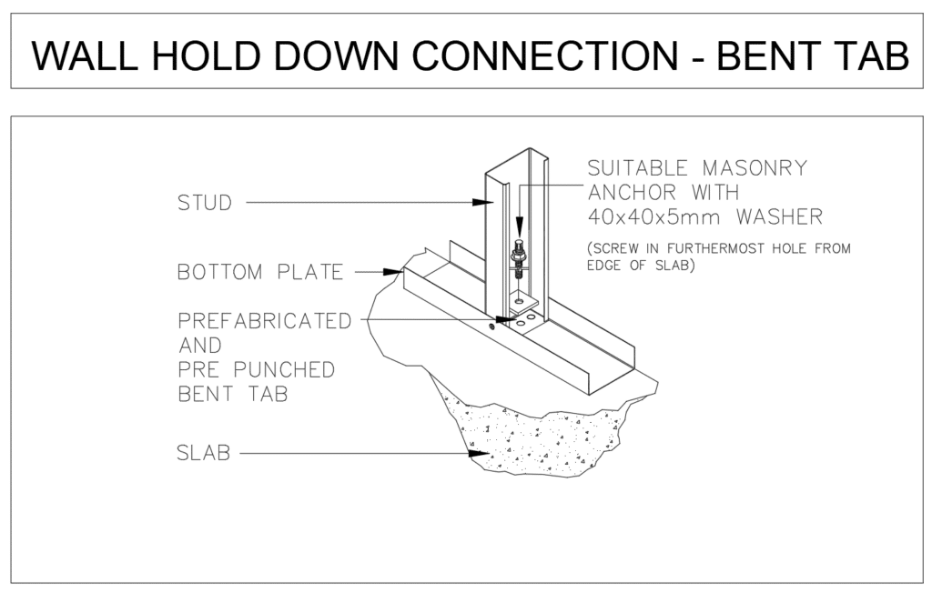 ENDUROFRAME Building System installation detail drawing for the Bent Tab wall hold down. The Bent Tab is on the flange side of the stud.