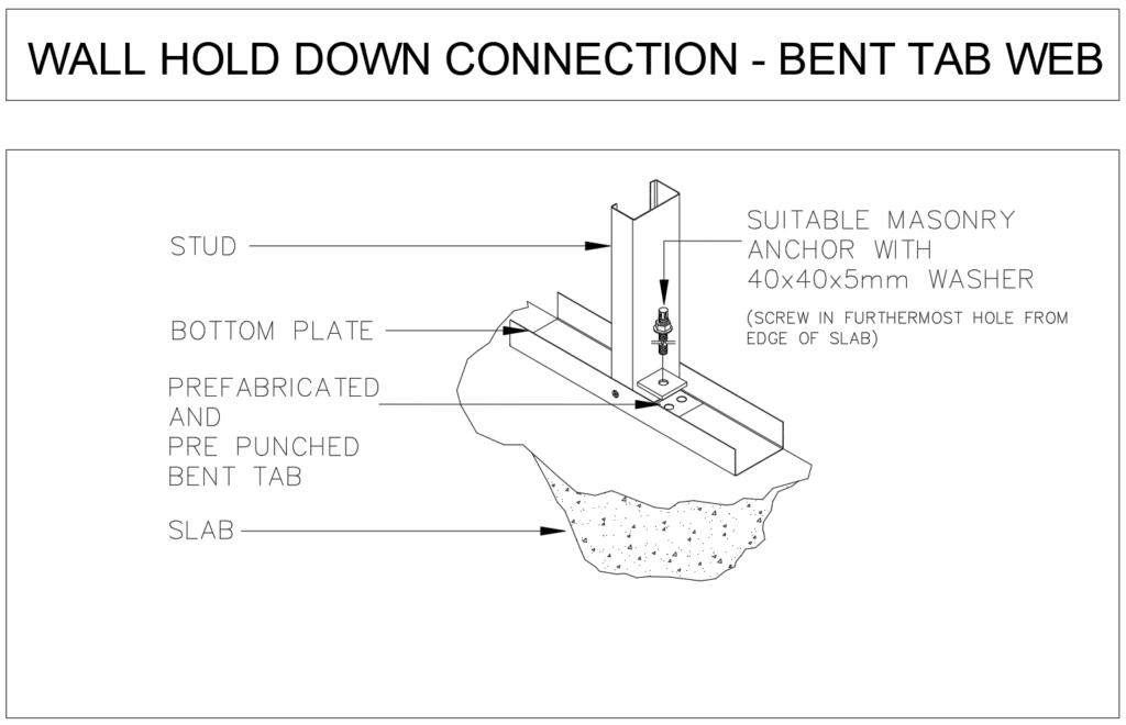 ENDUROFRAME Building System installation detail drawing for the Bent Tab wall hold down. The Bent Tab is on the web side of the stud.