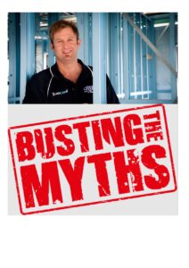 A photo of a man next to light gauge steel framing with the text' busting the myths'.